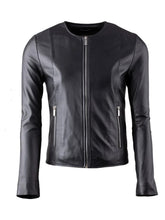 Black Collar Less Leather Jacket