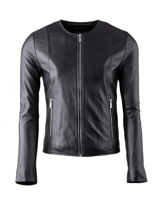 Black Collar Less Leather Jacket