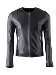 Black Collar Less Leather Jacket