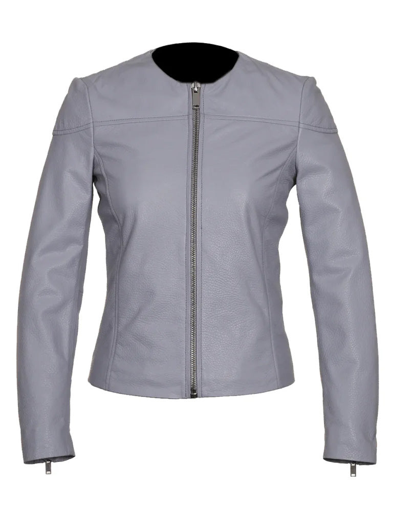 Grey Collar Less Leather Jacket - The Leather Jackets