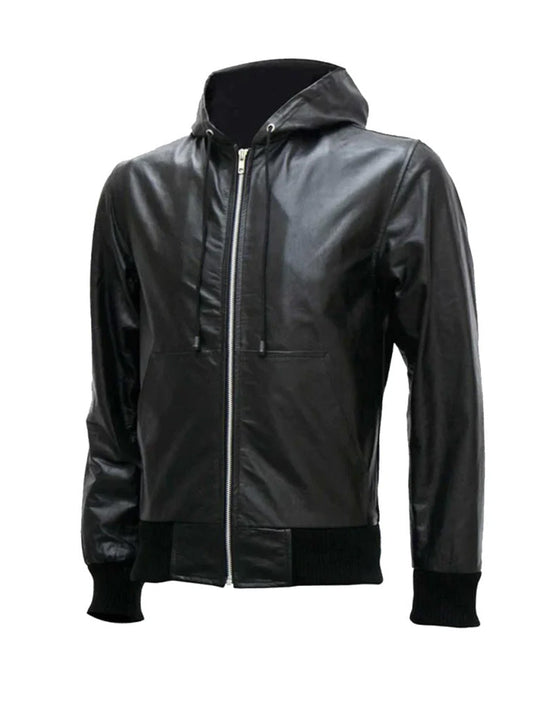 Black Bomber Hooded Style Leather Jacket - The Leather Jackets