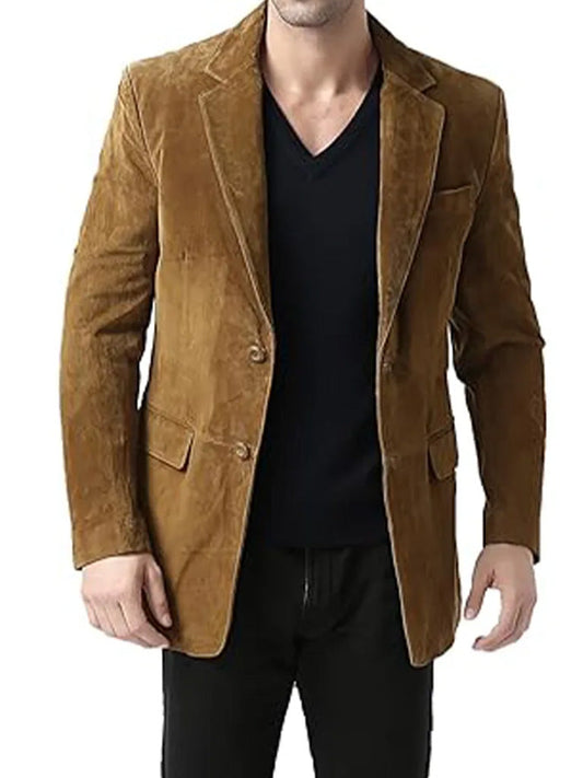 Two Button Dark Brown Suede Leather Blazer - The Leather Jackets