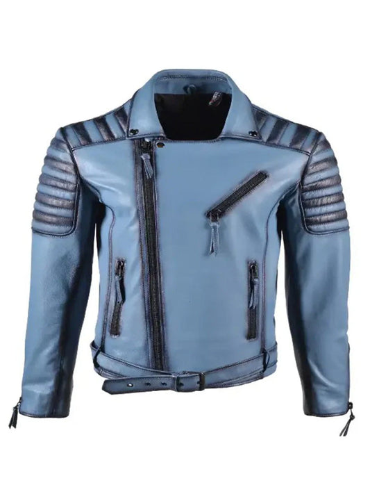 Vintage Mens Biker Style Blue Leather Jacket - The Leather Jackets