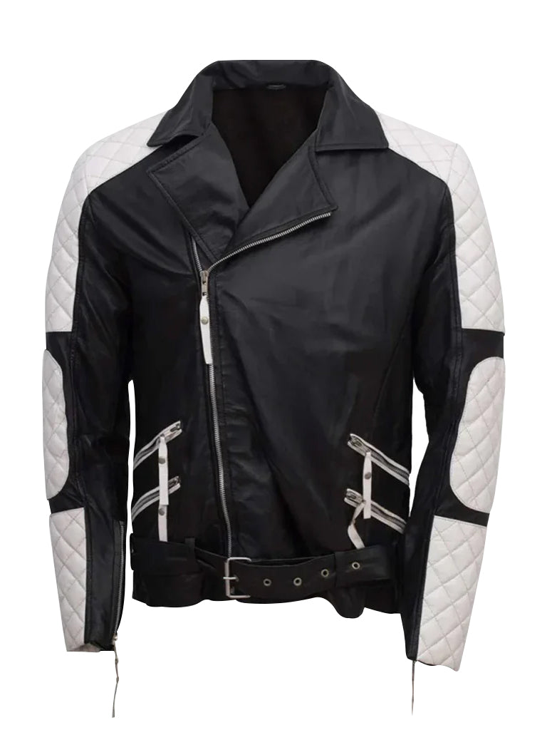 White and Black Biker Genuine Leather Jacket - The Leather Jackets