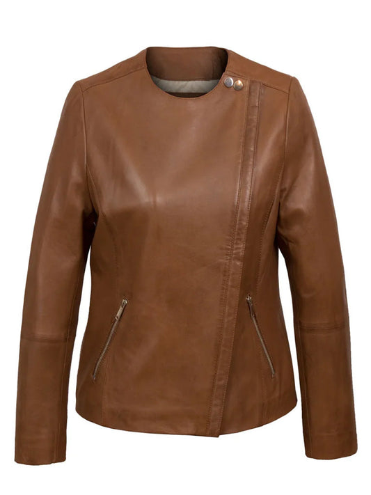 Tan Brown Collarless Biker Jacket - The Leather Jackets