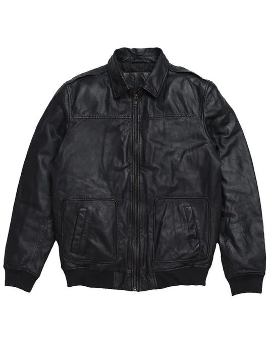 Shirt Style Black Bomber Genuine Leather Jacket - The Leather Jackets