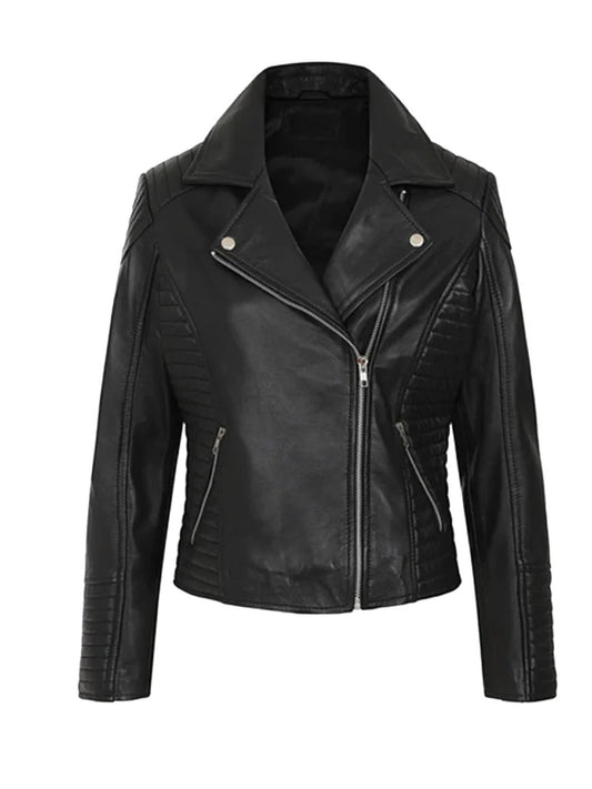 Black Biker Style Bold Lined Leather Jacket