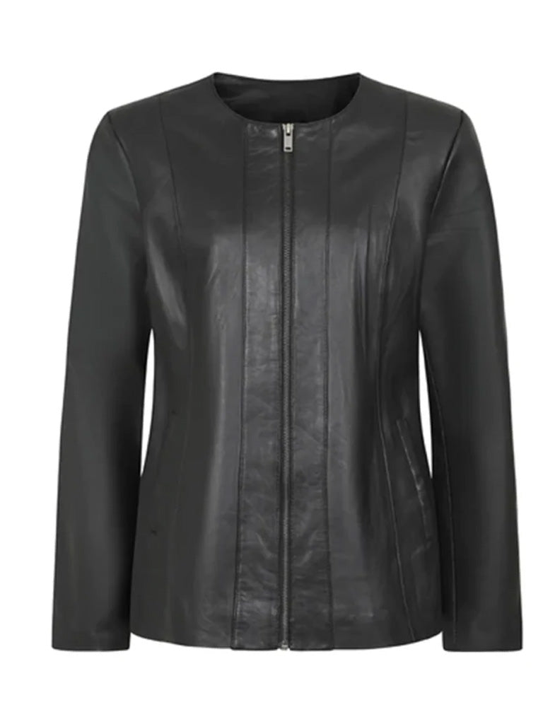 Casual Style Black Collar Less Genuine Leather Jacket - The Leather Jackets