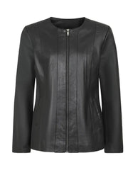 Casual Style Black Collar Less Genuine Leather Jacket - The Leather Jackets