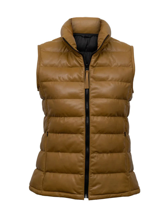 Khaki Brown Funnel Leather Gilet - The Leather Jackets