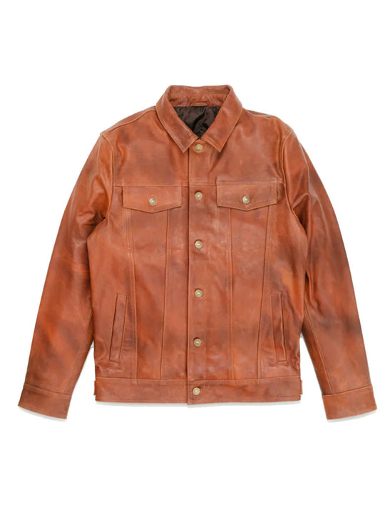 Tan Brown Trucker Style Genuine Leather Jacket - The Leather Jackets