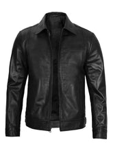 Black Leather Jacket with Shirt Collar