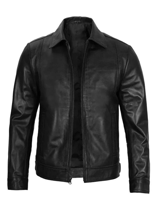 Black Leather Jacket with Shirt Collar