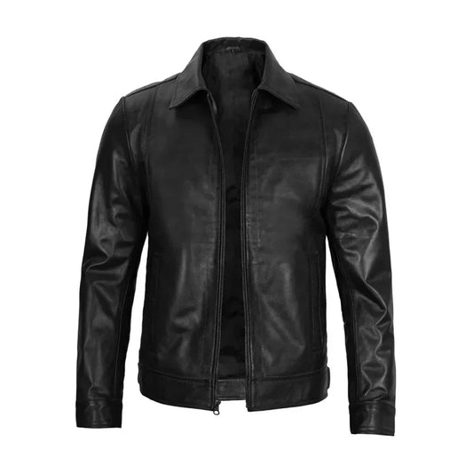 Men's classic black leather jacket with front zipper and shirt collar, premium outerwear