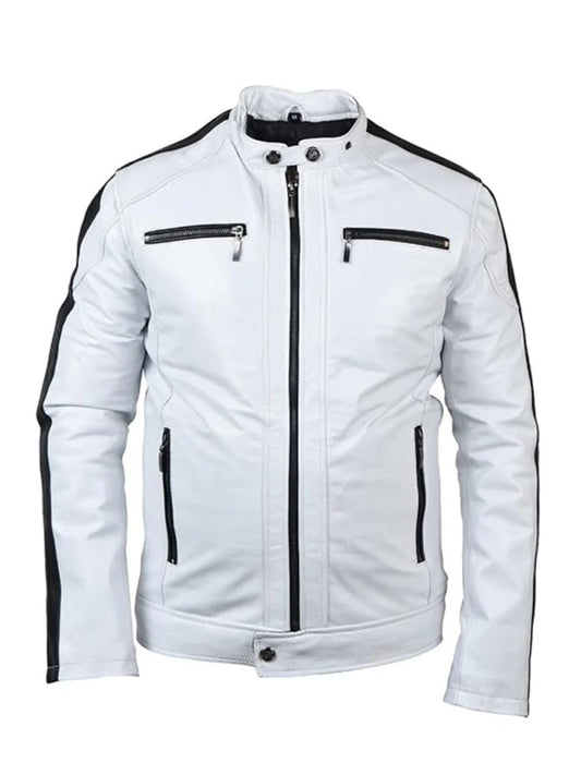 White Sleeve Stripes Biker Leather Jacket - The Leather Jackets