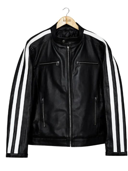 White Stripes Black Biker Leather Jacket - The Leather Jackets