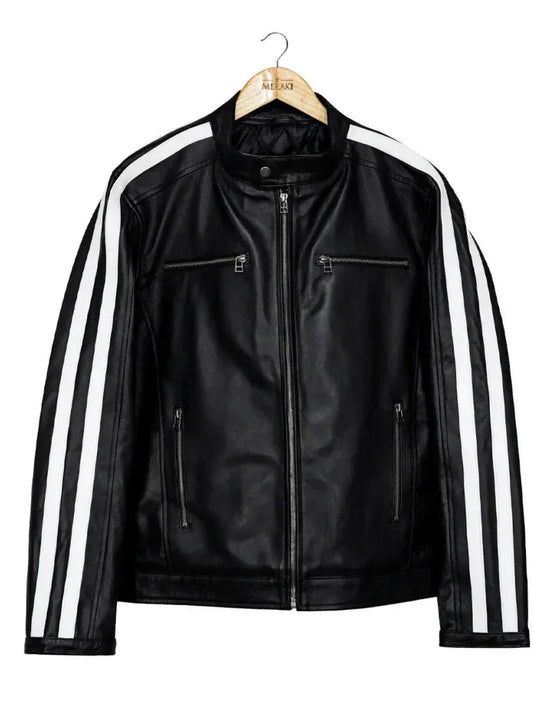 White Stripes Black Biker Leather Jacket - The Leather Jackets