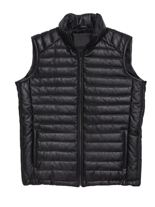Black Down Genuine Leather Vest - The Leather Jackets