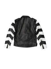 Men’s Black and White Striped Leather Biker Jacket