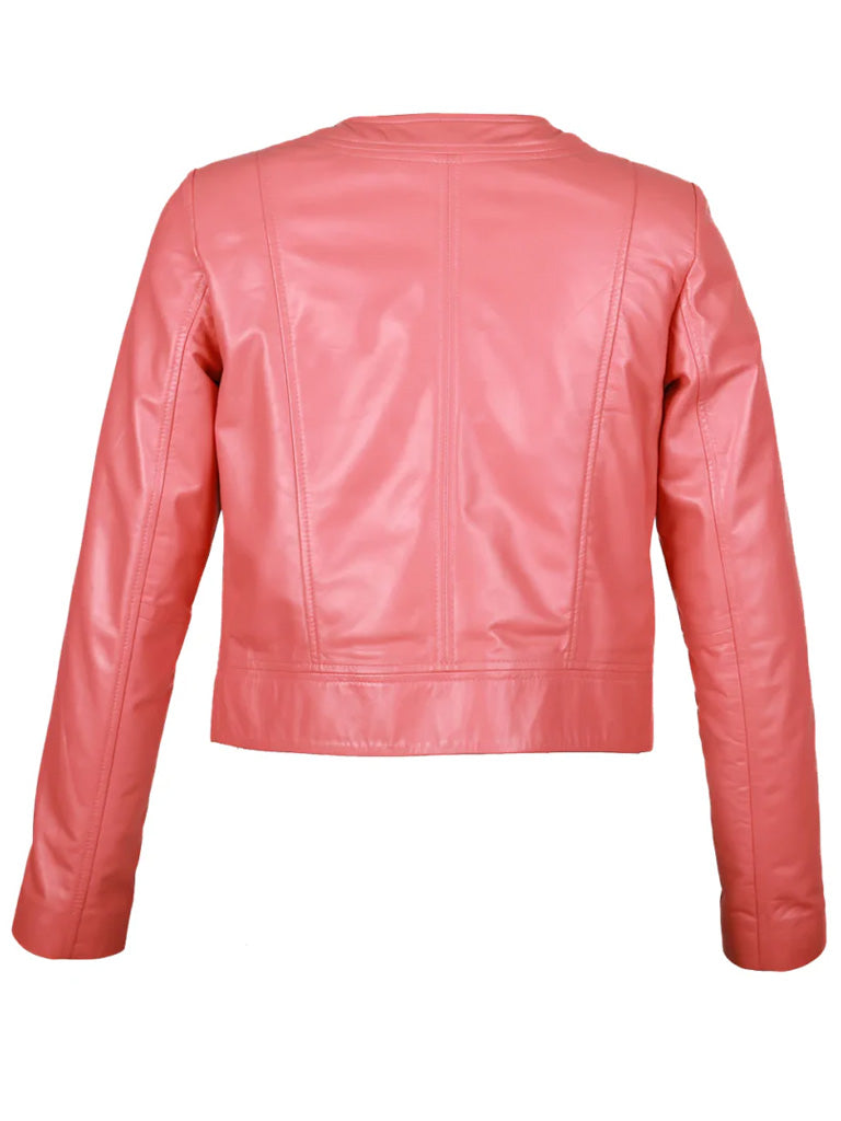 Pink Collar Less Genuine leather Jacket - The Leather Jackets