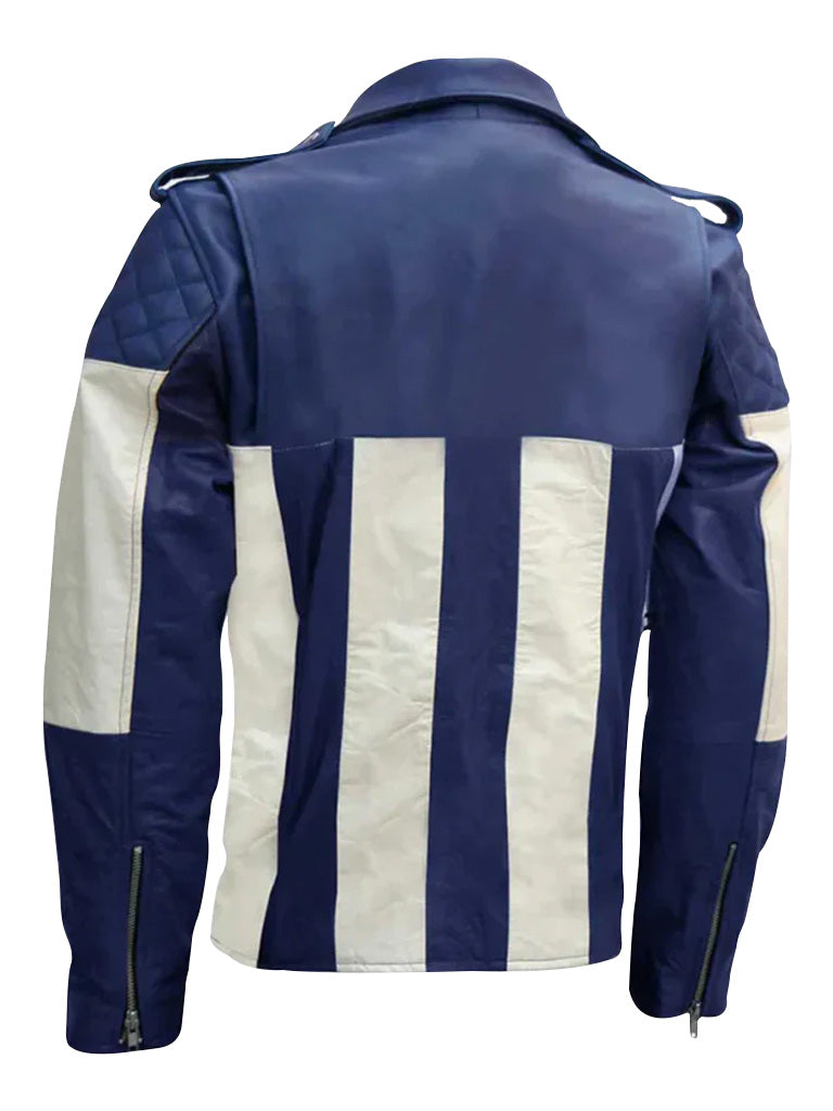 Blue and White Biker Genuine Leather Jacket - The Leather Jackets