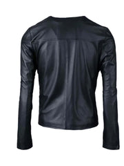 Black Collar Less Leather Jacket