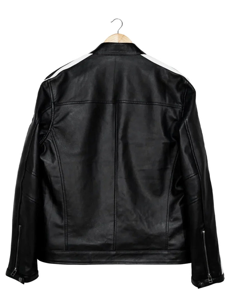 White Stripes Black Biker Leather Jacket - The Leather Jackets