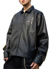 Men’s Black Cross Embossed Leather Jacket