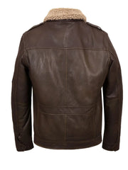 Men’s Shearling Collar Distressed Brown Leather Jacket