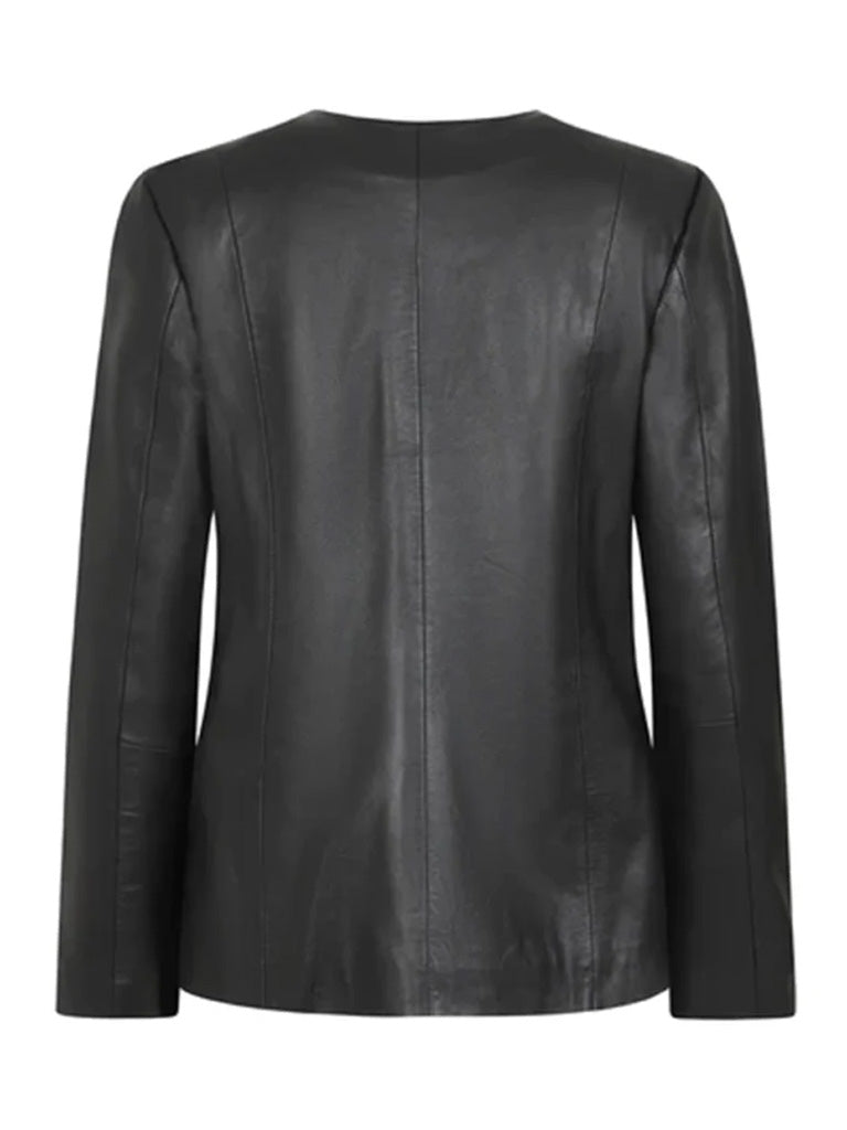 Casual Style Black Collar Less Genuine Leather Jacket - The Leather Jackets