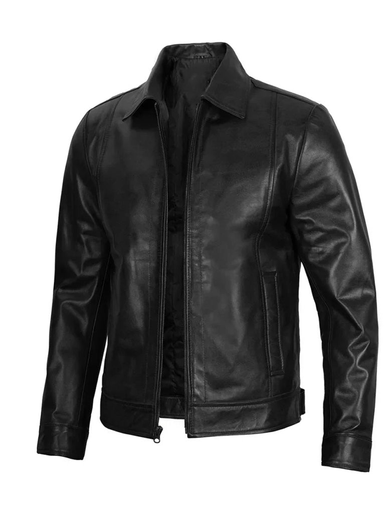 Black Leather Jacket with Shirt Collar - The Leather Jackets