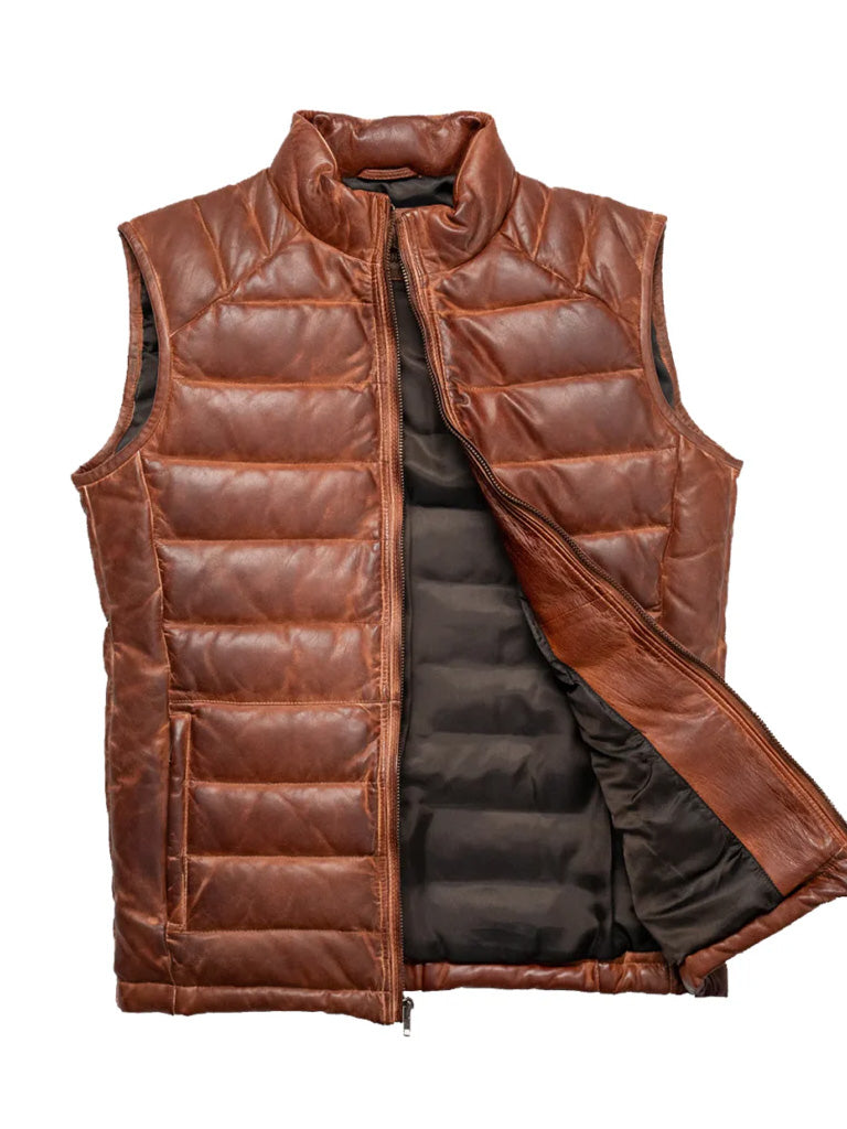 Brown Down Leather Vest - The Leather Jackets