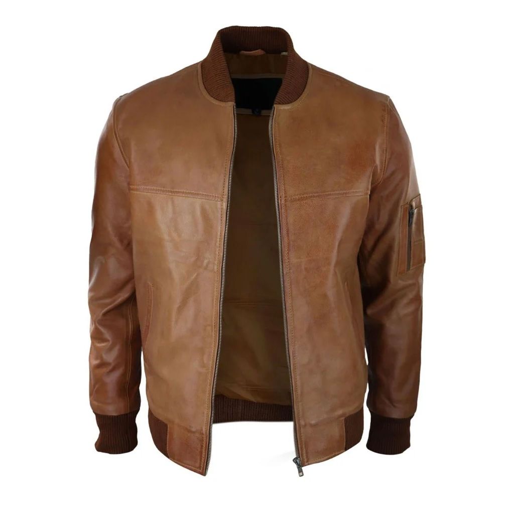 Tan Waxed Bomber Leather Jacket - The Leather Jackets