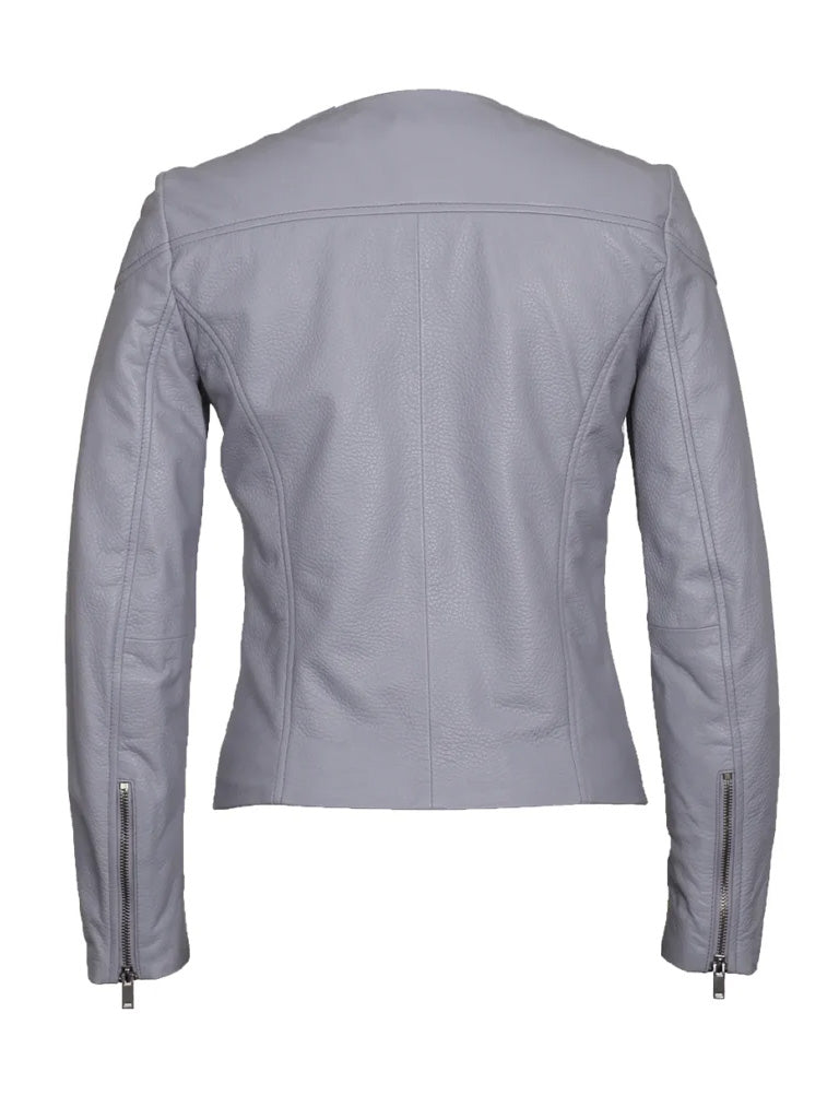 Grey Collar Less Leather Jacket - The Leather Jackets