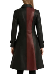 Women’s Black and Maroon Long Leather Trench Coat