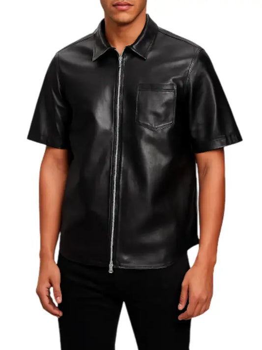 Men’s Black Leather Short Sleeve Zip Shirt - The Leather Jackets