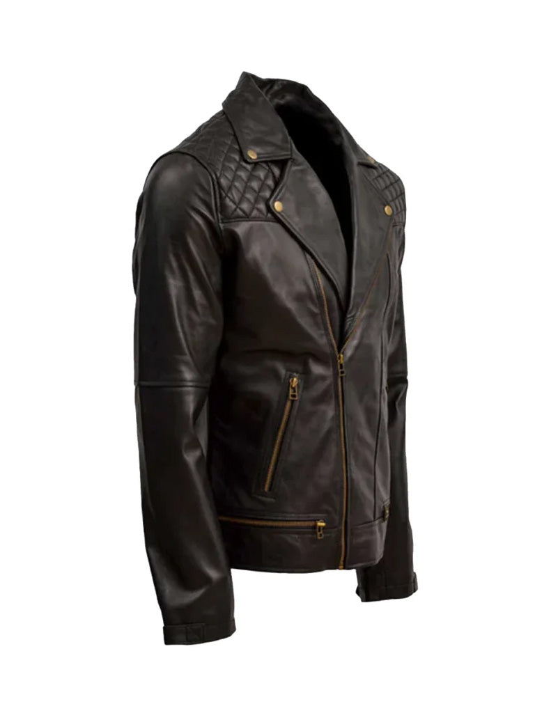 Black Quilted Biker Genuine Leather Jacket - The Leather Jackets
