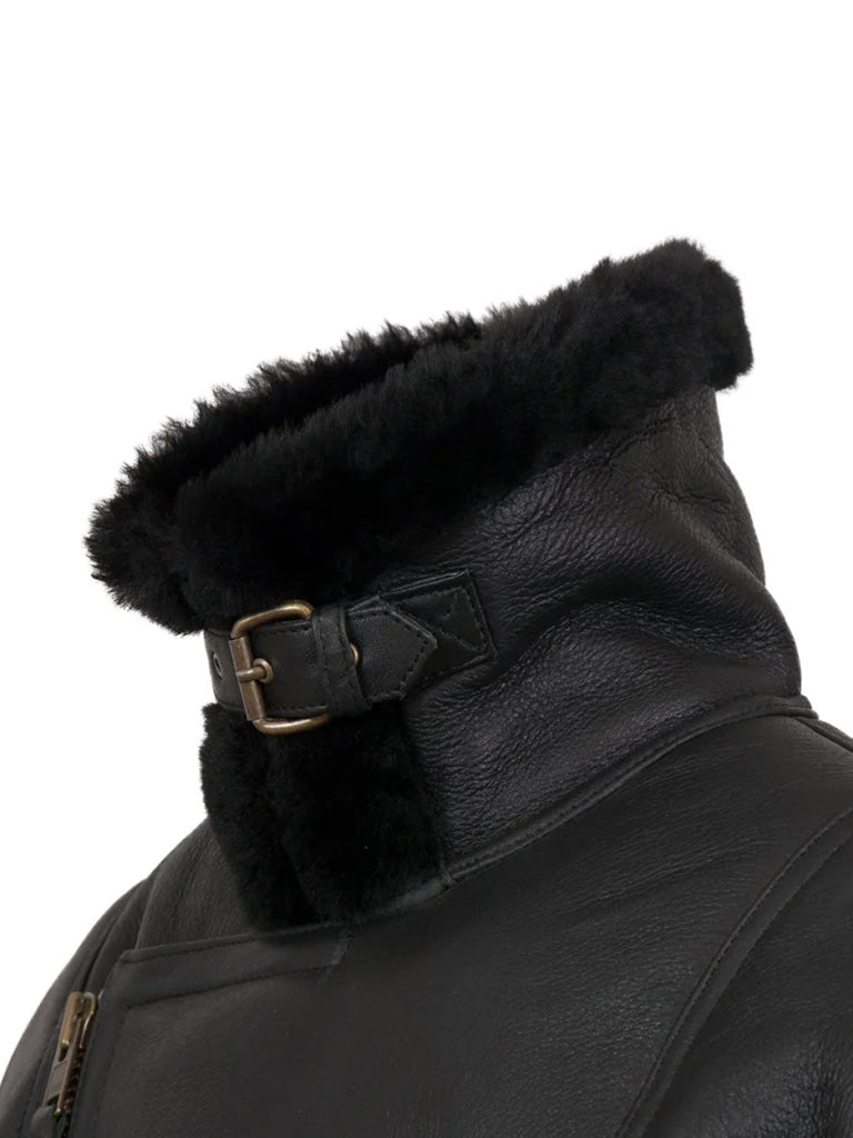 Black Lapel Style Shearling Leather Jacket - The Leather Jackets