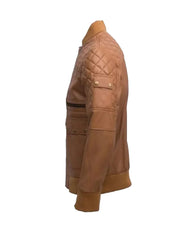 Tan Brown Quilted Bomber Leather Jacket - The Leather Jackets