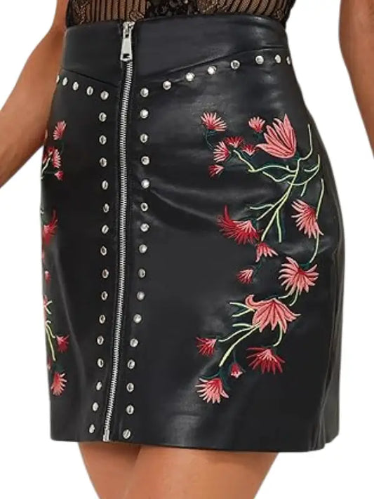 Women’s Black Embroidered Leather Mini Skirt - The Leather Jackets