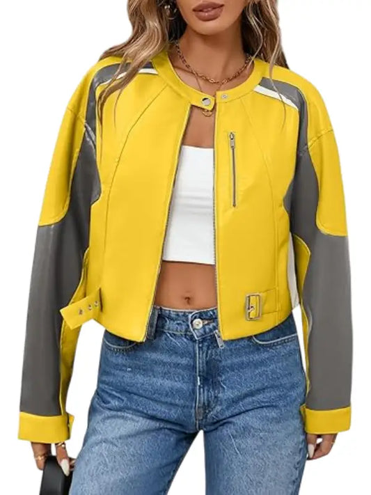 Women’s Yellow and Gray Cropped Leather Biker Jacket - The Leather Jackets