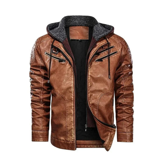 Men's brown leather jacket with zipper pockets and detachable hood