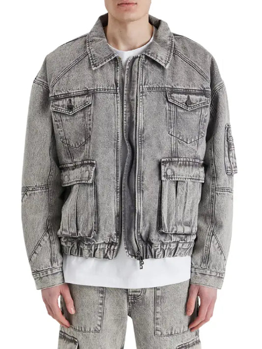 Men’s Grey Washed Cargo Denim Jacket - The Leather Jackets