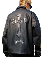 Men’s Black Cross Embossed Leather Jacket