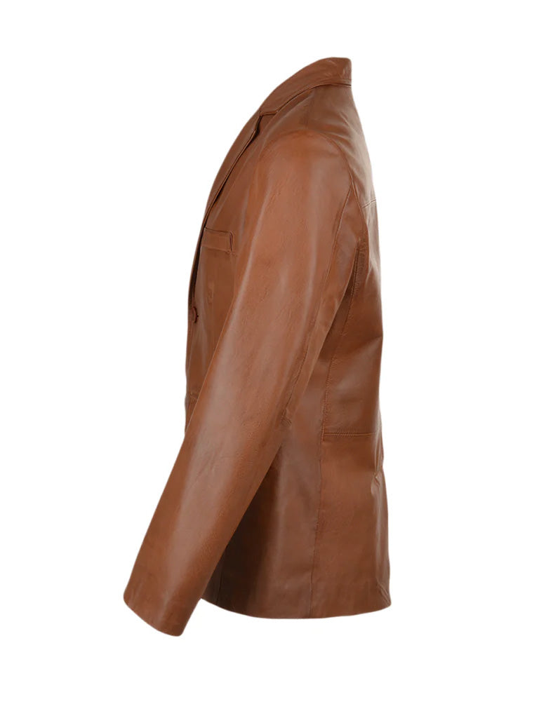Tan Brown Notch Lapel Genuine Leather Blazer - The Leather Jackets