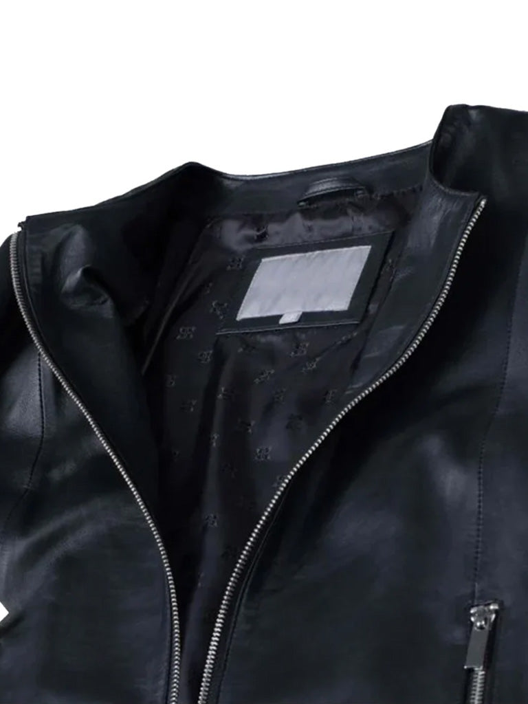 Black Collar Less Leather Jacket - The Leather Jackets