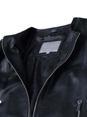 Black Collar Less Leather Jacket