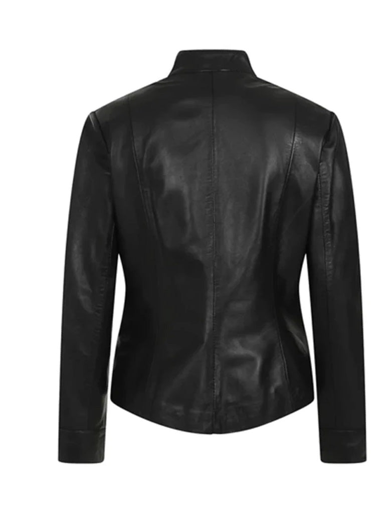 Black Biker Stand Collar Genuine Leather Jacket - The Leather Jackets