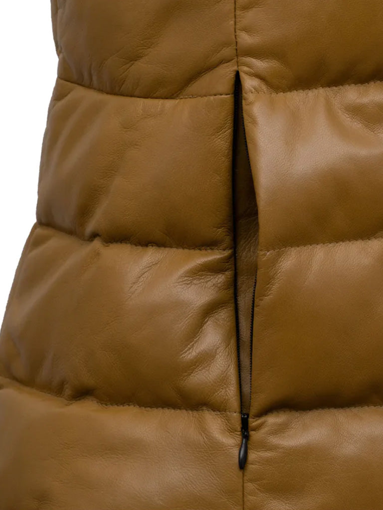 Khaki Brown Funnel Leather Gilet - The Leather Jackets