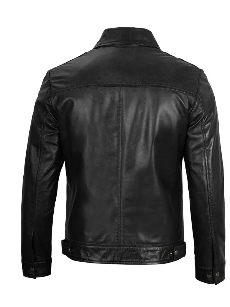 Black Leather Jacket with Shirt Collar - The Leather Jackets